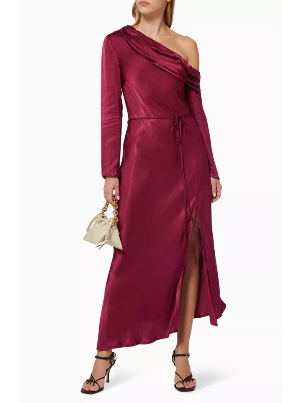 Mossman Motion Burgundy Satin One Shoulder Maxi Dress Cowl Asymmetrical Hem 4
